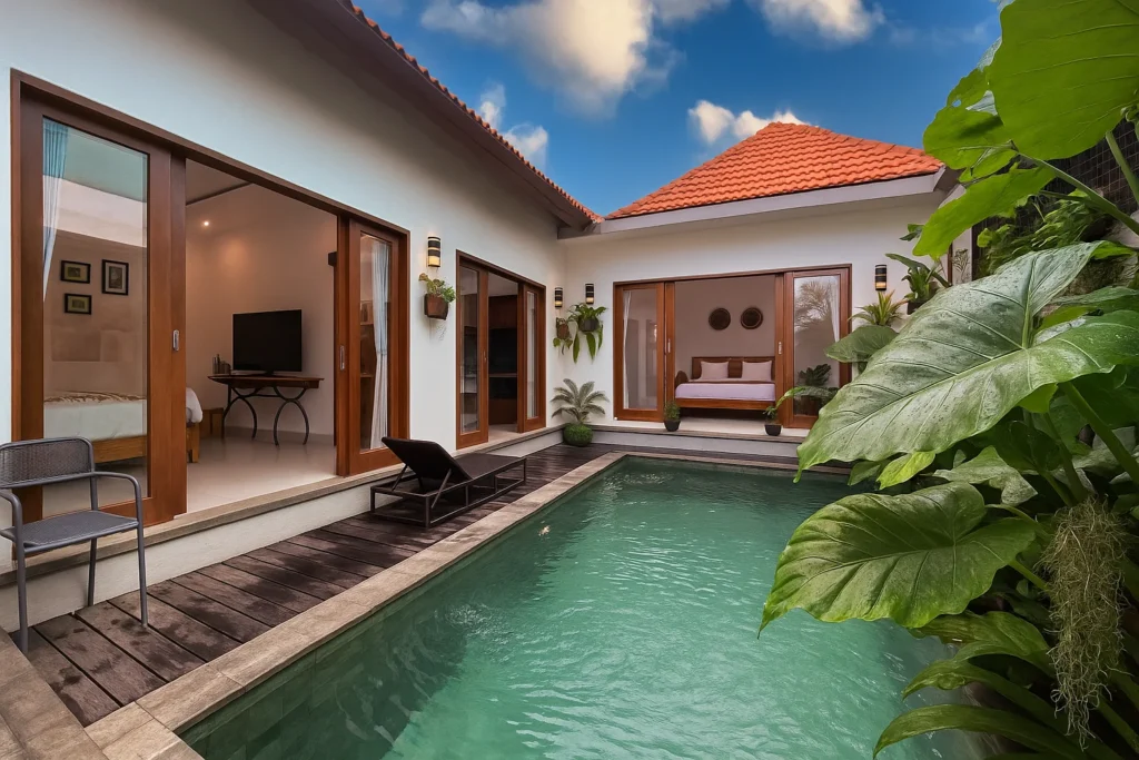 Luxurious private villa with a turquoise swimming pool, two rooms with sliding glass doors, lounge chair, and tropical plants under a blue sky.